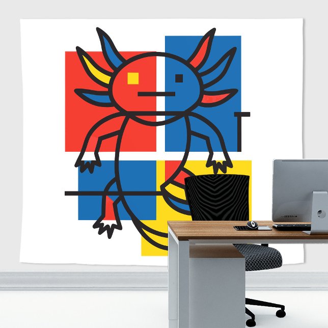 Funny Axolotl Piet Mondrian Abstract Art Pattern Tapestry (Mondrian Axolotl zoom and home decor backdrop tapestry)