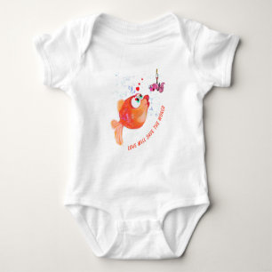 Funny Baby Bodysuit with Happy Fish and Worm