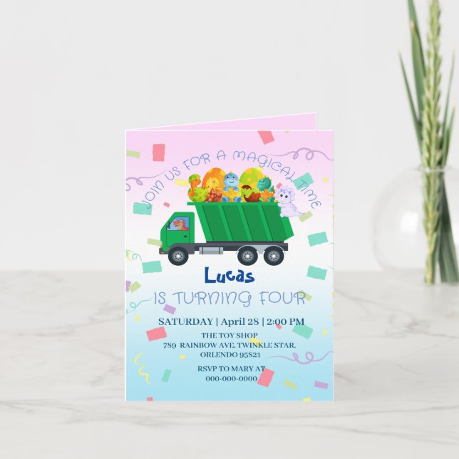 Funny baby dinosaur garbage truck Birthday Name Invitation (Front)