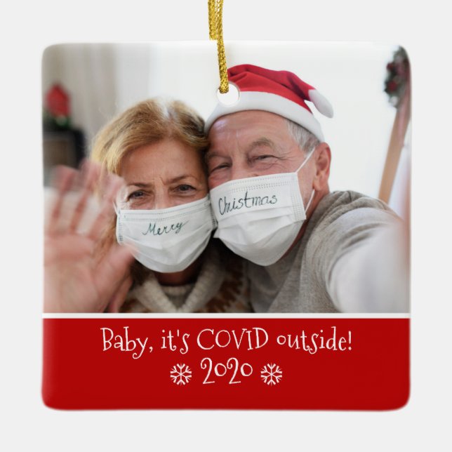 Funny Baby It's Covid Outside Photo Snowflake Red Ceramic Ornament (Front)
