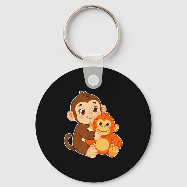 Funny baby monkey with stuffed animal tee graphic keychain (Front)