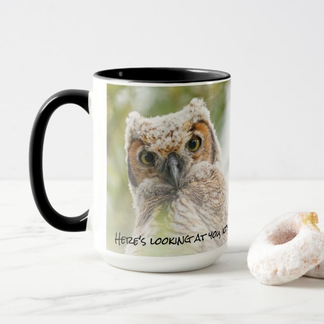 Funny Baby Owl Yellow Eyes Looking at You Mug (With Donut)