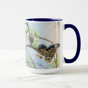 Funny Baby Owls on a Limb w/Yellow Eyes Fine Art Mug