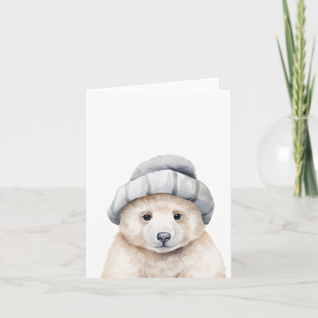 Funny baby polar bear wearing a bonnet in watercol card (Front)