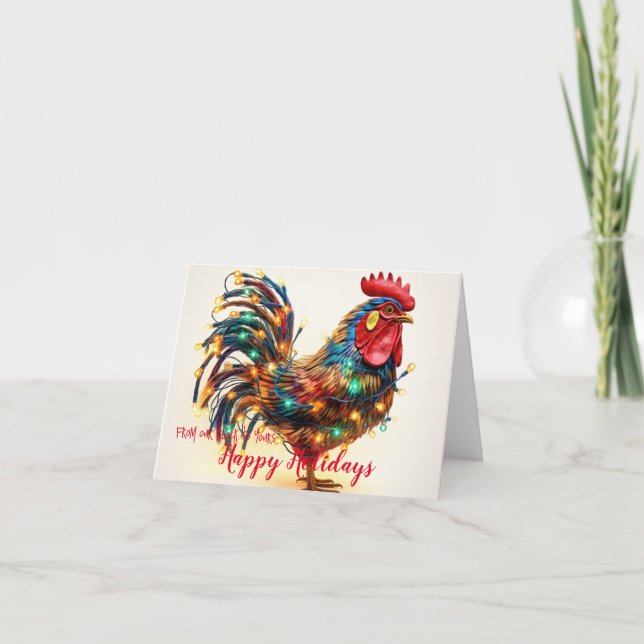 Funny Backyard Chickens Rooster Christmas Lights Holiday Card (Front)