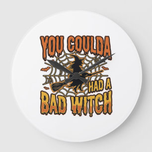 Funny Bad Witch Halloween Vintage Engraving Design Large Clock