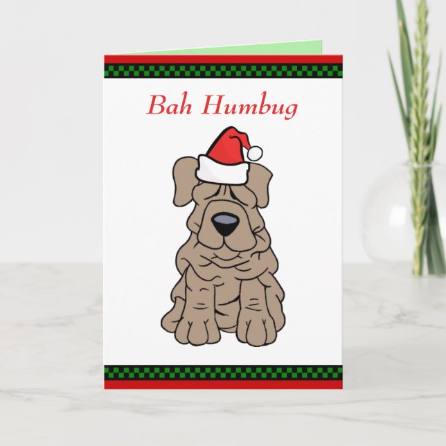 Funny Bah Humbug Wrinkle Dog Merry Christmas Santa Holiday Card (Front)