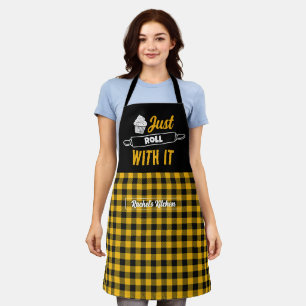 Funny Baking Just Roll With It Black Yellow Plaid Apron