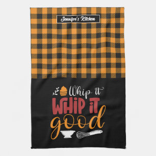 Funny Baking Pun Whip It Good Yellow Plaid Pattern Kitchen Towel
