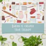 Funny Baking Saying Modern Kitchen Blue Kitchen Towel<br><div class="desc">Funny Baking Saying Modern Kitchen Blue Kitchen Towel Tea Towel features a colourful kitchen themed pattern with the editable text "Baking is cheaper than therapy" in modern script typography. Perfect gift for those who enjoy baking, cooking and being in the kitchen for Christmas, birthday, Mother's Day and for those that...</div>