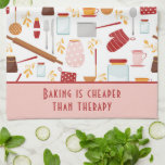 Funny Baking Saying Modern Kitchen Pink Kitchen Towel<br><div class="desc">Funny Baking Saying Modern Kitchen Pink Kitchen Towel Tea Towel features a colourful kitchen themed pattern with the editable text "Baking is cheaper than therapy" in modern script typography. Perfect gift for those who enjoy baking, cooking and being in the kitchen for Christmas, birthday, Mother's Day and for those that...</div>