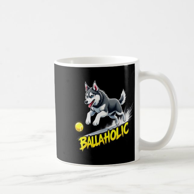 Funny Ballaholic Siberian Husky Dog Chasing Ball  Coffee Mug (Right)