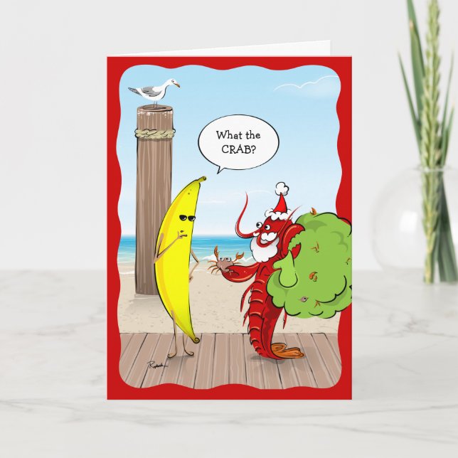 Funny Banana and Santa Claws Lobster Crab Holiday Card (Front)