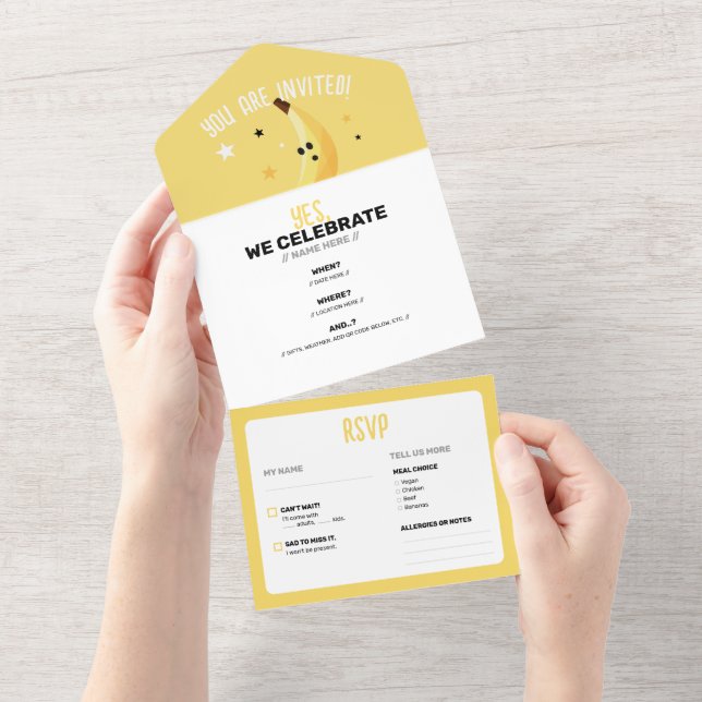 Funny Banana Pun Party pattern colourful - editabl All In One Invitation (Tearaway)