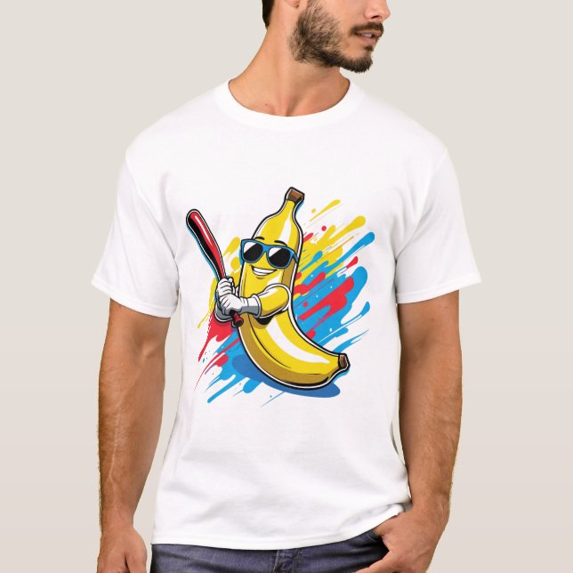 Funny Banana Swinging Baseball Funny Drip Mascot T-Shirt (Front)