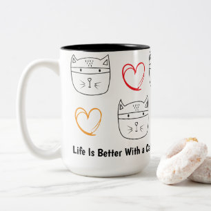 Funny Bandit Cat Sketch – Cute Minimalist Cat Art  Two-Tone Coffee Mug