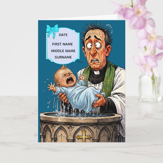 Funny Baptism Card – Crying Baby boy (Orchid)