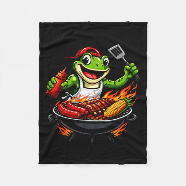 Funny Barbecue Frog Grilling Bbq Cooking Fleece Blanket (Front)