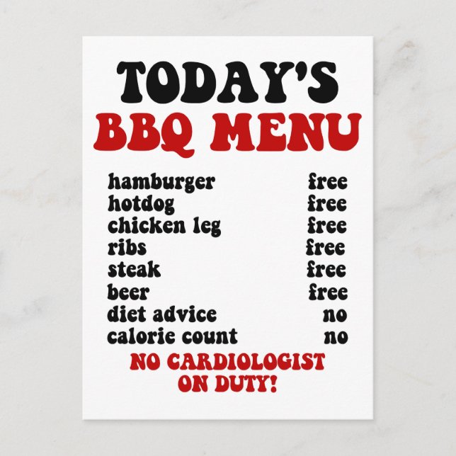 Funny Barbecue Menu Postcard (Front)