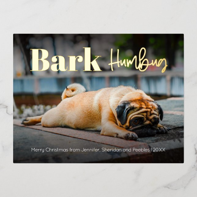 Funny Bark Humbug Minimal Custom Photo Foil Holiday Postcard (Front)