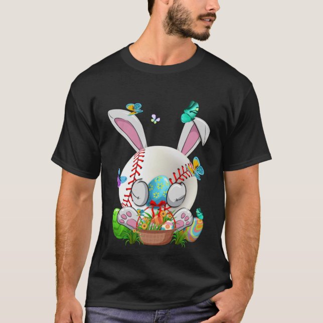 Funny Baseball Ball & Bats Bunny Ears Easter Day B T-Shirt (Front)