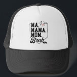 Funny Baseball Mom Bruh with Team Name and Number Trucker Hat<br><div class="desc">Minimalist baseball mom trucker hat design featuring the phrase "Ma. Mama. Mom. Bruh." in bold black letters with a small red heart above,  combining sporty humour with simple,  stylish flair—perfect for game days and proud sports moms.</div>