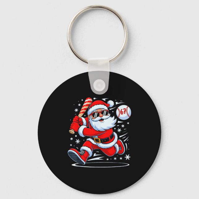 Funny Baseball Santa 67 Christmas Xmas Pajamas Boy Keychain (Front)