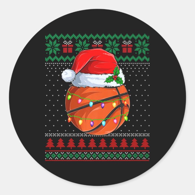 Funny Basketball Christmas Ugly Sweater Santa Hat  Classic Round Sticker (Front)