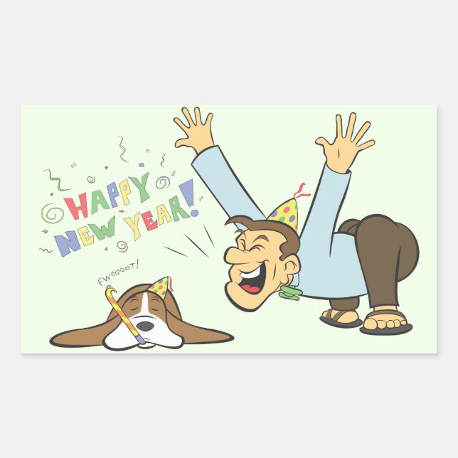 Funny Basset and Man Celebrate New Years Cartoon Sticker (Front)