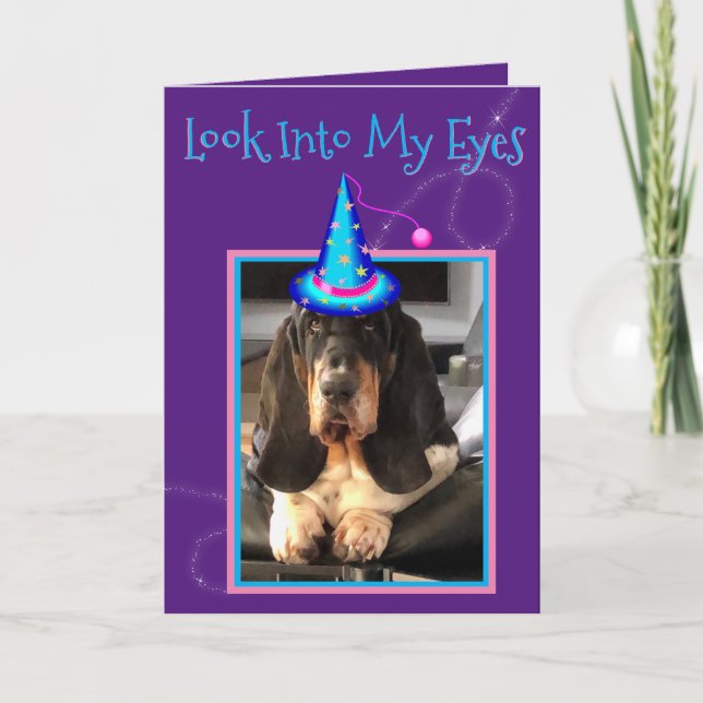 Funny Basset Hound Birthday Card w/Wizard (Front)