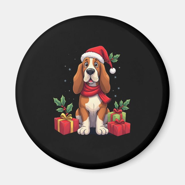 Funny Basset Hound Dog Christmas Outfits Santa Hat Magnet (Front)