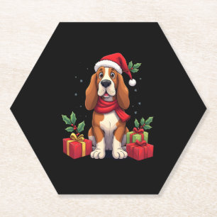 Funny Basset Hound Dog Christmas Outfits Santa Hat Paper Coaster