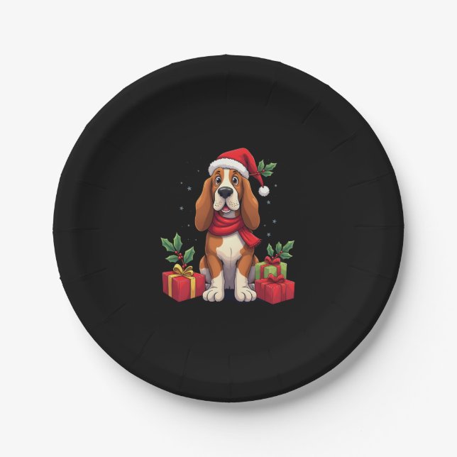 Funny Basset Hound Dog Christmas Outfits Santa Hat Paper Plate (Front)