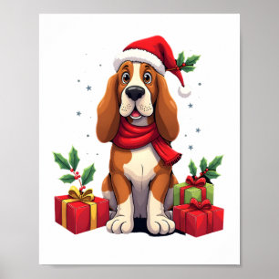Funny Basset Hound Dog Christmas Outfits Santa Hat Poster