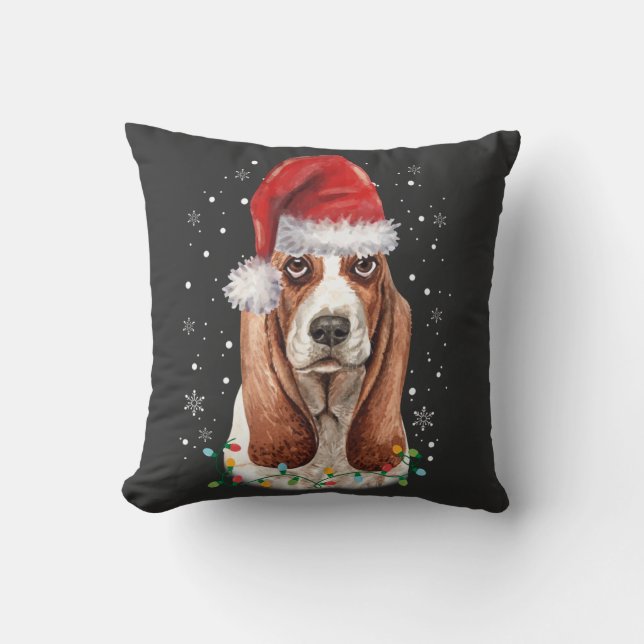 Funny Basset Hound Dog Christmas santa hat Lights Throw Pillow (Front)
