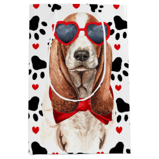 Funny Basset Hound Dog Love Red Hearts and Paws Medium Gift Bag
