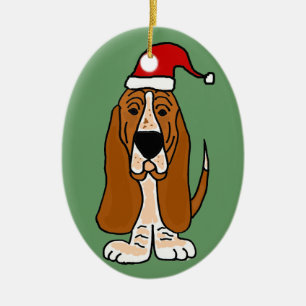 Funny Basset Hound in Santa Hat Christmas Art Ceramic Ornament