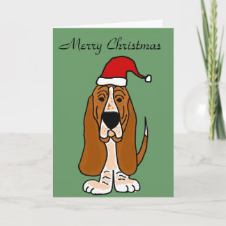 Funny Basset Hound in Santa Hat Christmas Art Holiday Card
