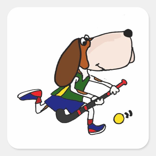 Funny Basset Hound Playing Field Hockey Art Square Sticker