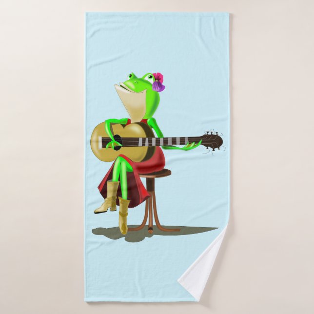 Funny Bath Towels Frog Playing Guitar - Your Colou (Bath Towel)