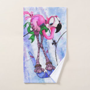 Funny Bath Towels with Pink Flamingo Skier