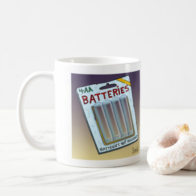 Funny Batteries Not Included card and gift. Coffee Mug (With Donut)