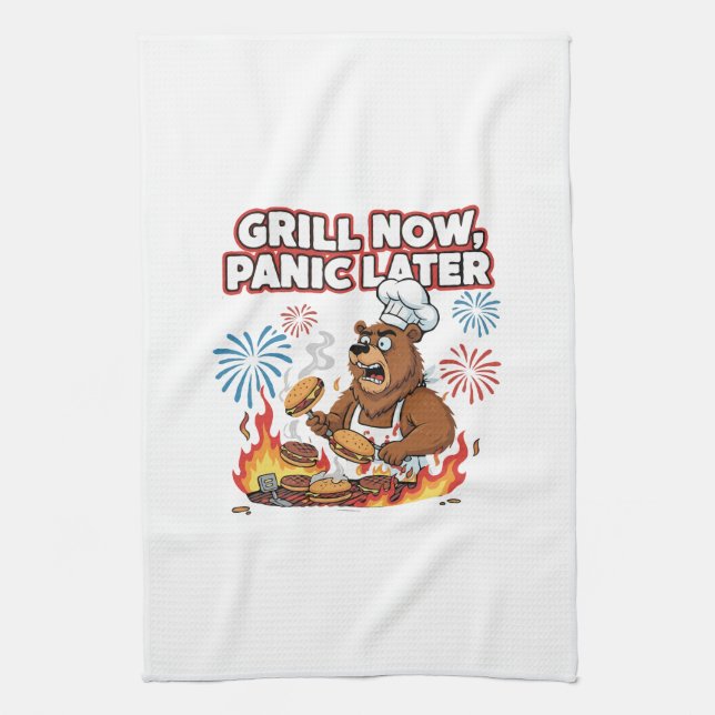 Funny BBQ Bear Grill Now Panic Later Fireworks Kitchen Towel (Vertical)