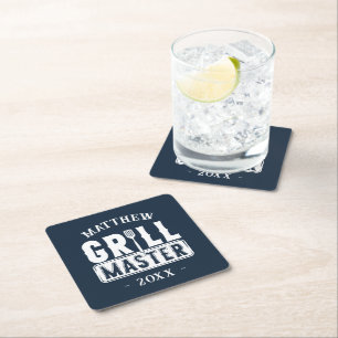 Funny BBQ Grill Master Personalized Barbecue King Square Paper Coaster
