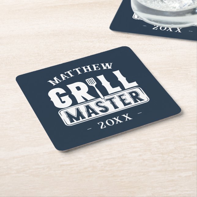 Funny BBQ Grill Master Personalized Barbecue King Square Paper Coaster (Angled)