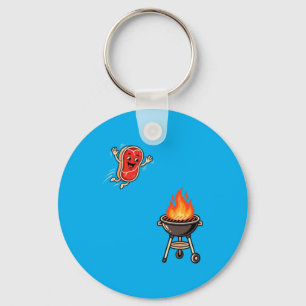 Funny Bbq Steak Jumping Into Grill Barbecue Master Keychain