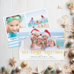 Funny Beach Christmas Coastal Holiday Card<br><div class="desc">Quick and Easy ordering! Celebrating a coastal Christmas or going to the beach for the holidays? You'll bring a smile to your friends and family's faces when you send them this "Sea-sands Greetings" photo card. Featuring a funny pun, this nautical holiday design has blue stripes, gold typography and room for...</div>