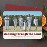 Funny Beach Christmas Customized Family Photo Red Holiday Card<br><div class="desc">Celebrate the holidays with tropical flair and humour using our Funny Beach Christmas Customized Family Photo Red Holiday Card. Perfect for families enjoying a warm coastal Christmas, this card features playful captions like "Seas and Greetings" and "Dashing through the Sand, " adding a fun twist to your beach-themed family photo....</div>