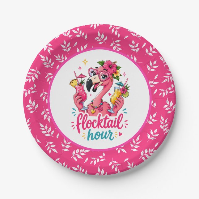 Funny beach pink flamingo Flocktail party  Paper Plate (Front)