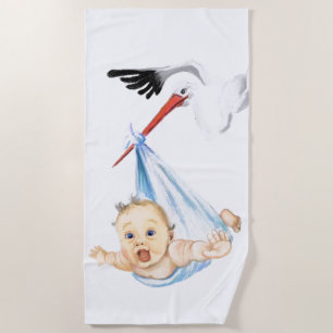 Funny Beach Towel Stork Carrying Baby
